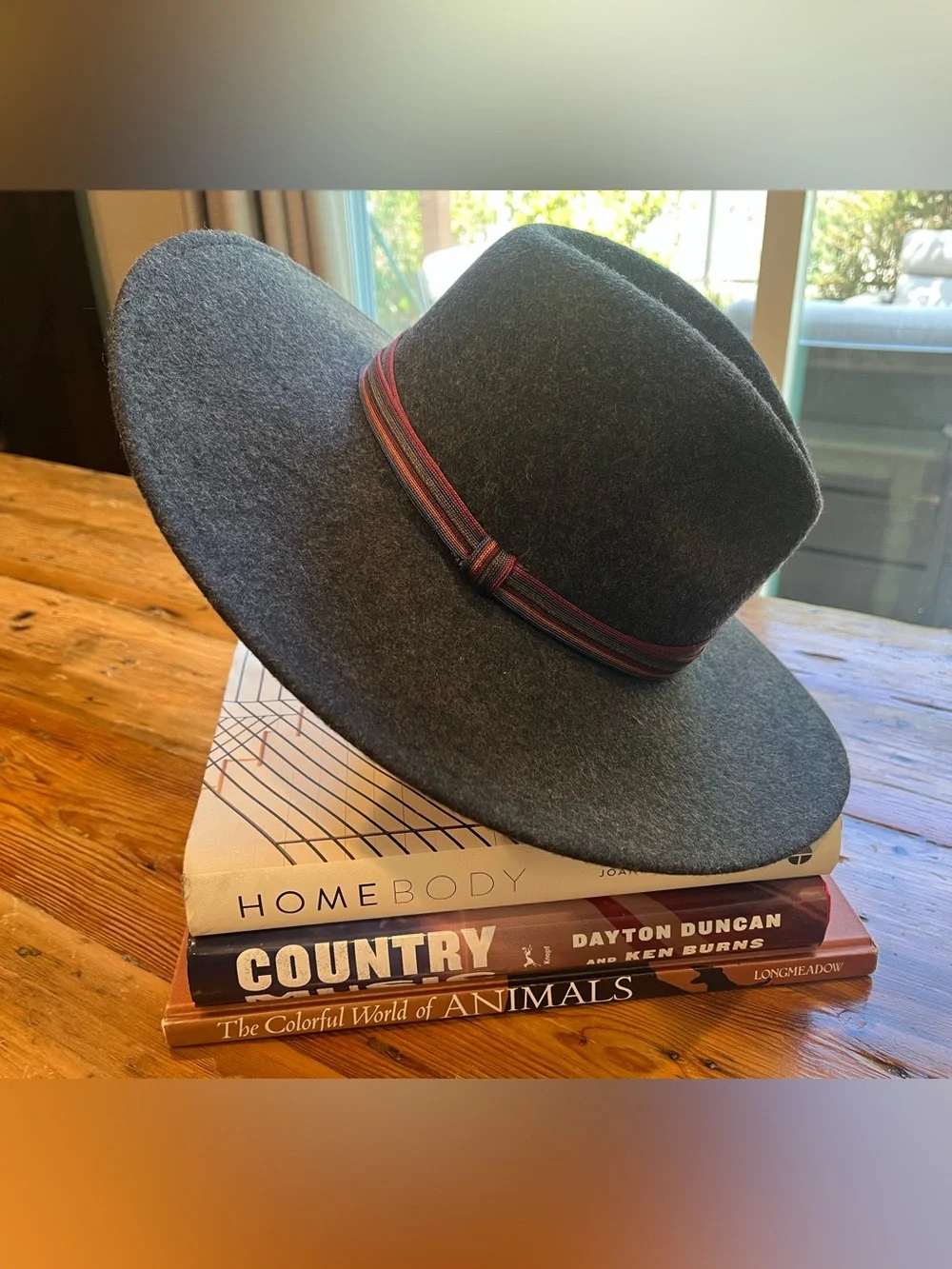 Zara Charcoal Wide-Brim Wool Hat with Striped Band EUC